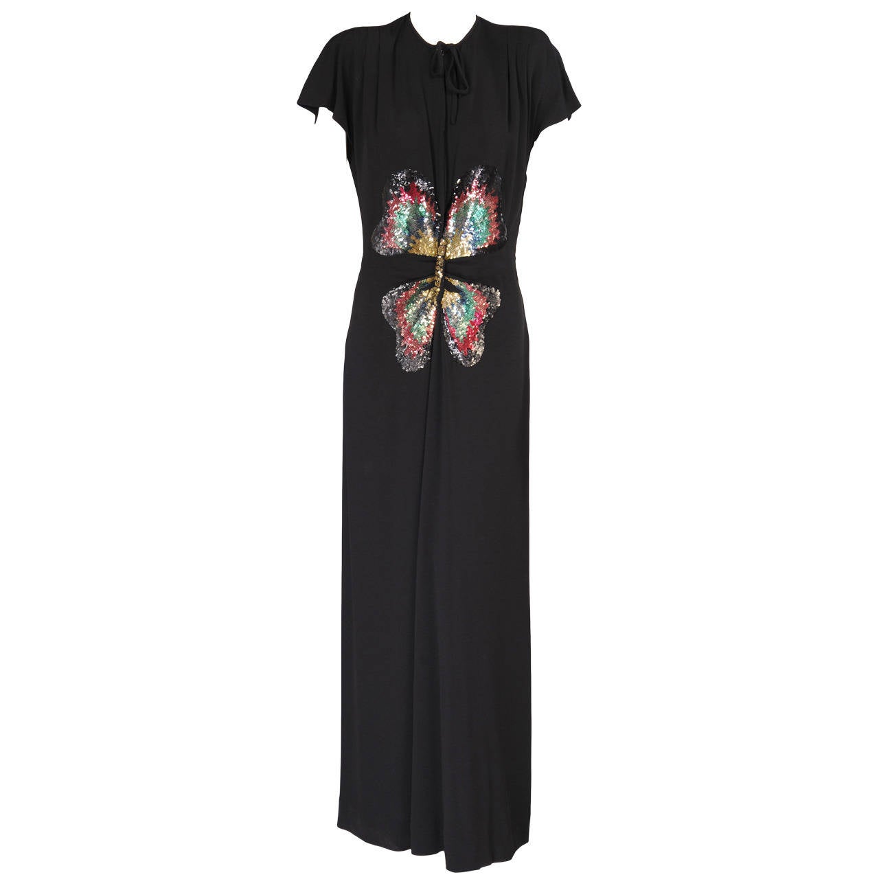 1940's Black Crepe Evening Dress with Beaded Butterfly Motif