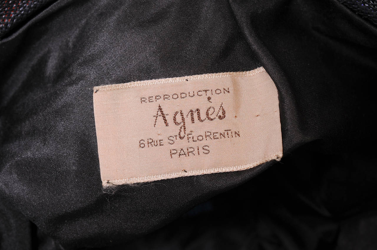 Women's 1920's Agnes Paris Copy Black Straw Cloche Hat, Lavender Ribbon Trim