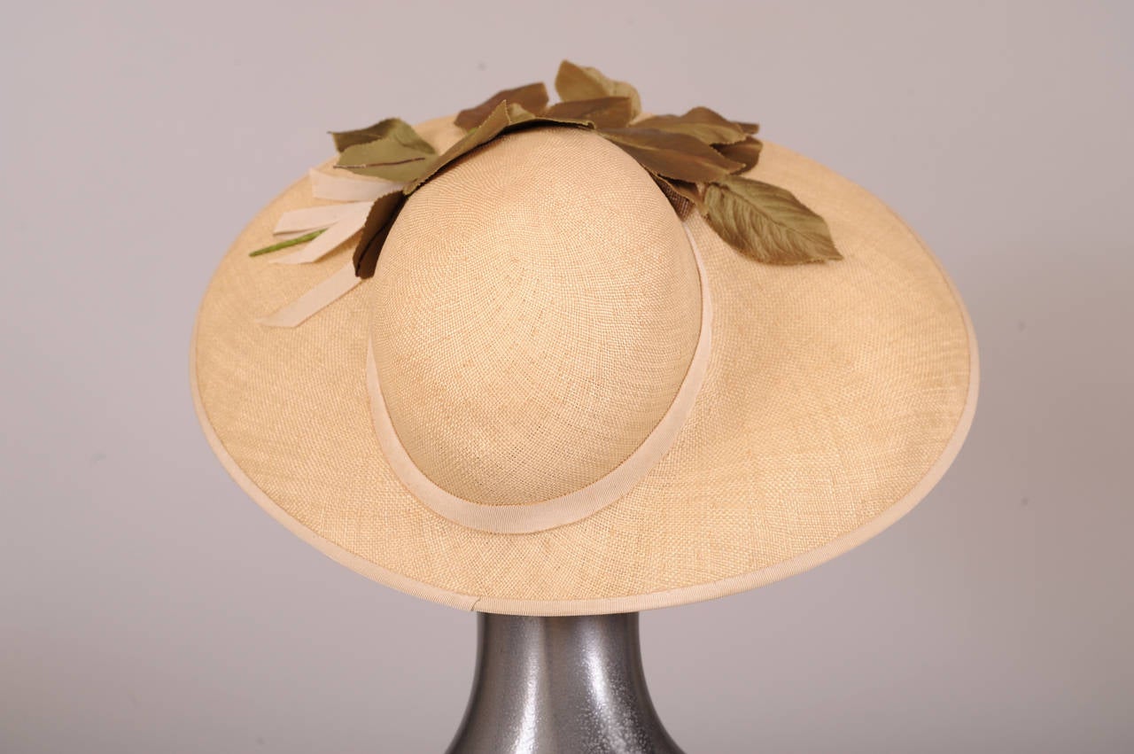1930's Bonwit Teller Straw Hat, Silk Leaf Decoration In Excellent Condition In New Hope, PA
