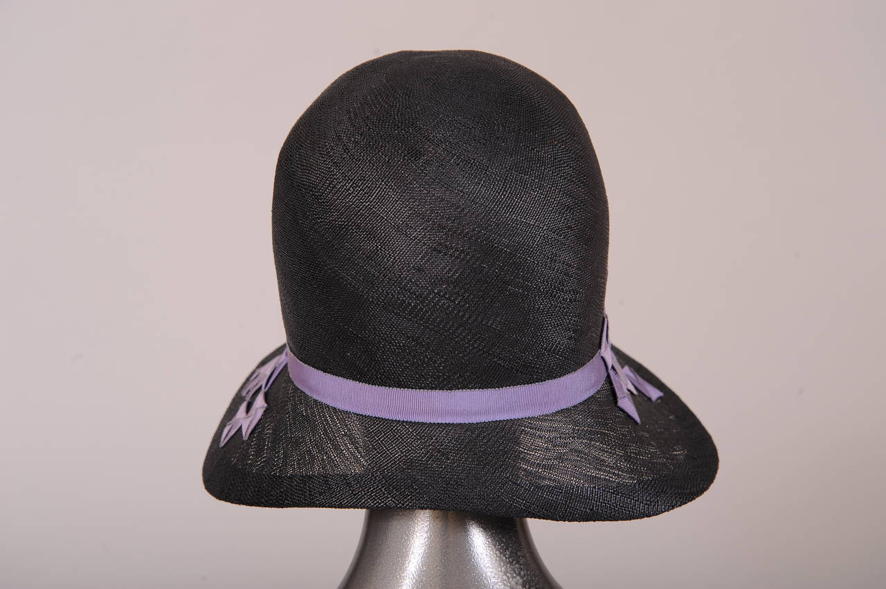 1920's Agnes Paris Copy Black Straw Cloche Hat, Lavender Ribbon Trim In Excellent Condition In New Hope, PA