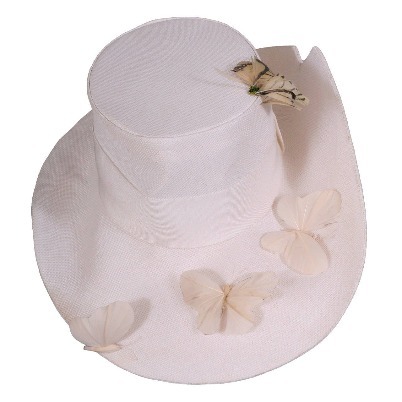 Givenchy White Woven Fabric Hat with Feather Butterflies