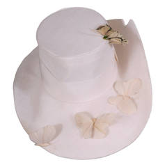 Vintage Givenchy White Woven Fabric Hat with Feather Butterflies
