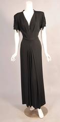 Late 1930's Larger Size Black Crepe Evening Gown with Fringe Trim