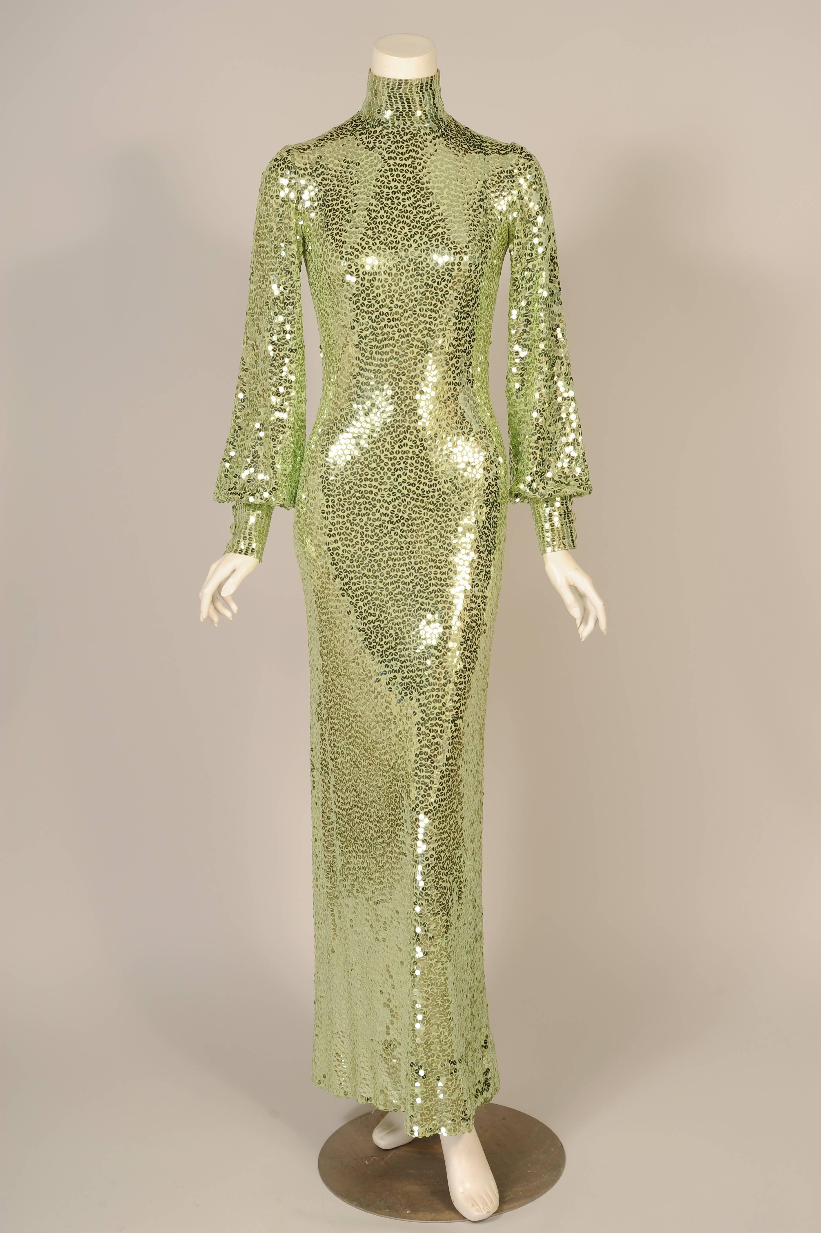 Norman Norell Iconic Mermaid Gown Sparkling Green Sequins on Silk 1960s-1970s  1