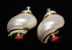 Seaman Schepps Turquoise Coral and Gold Turbo Shell Earrings