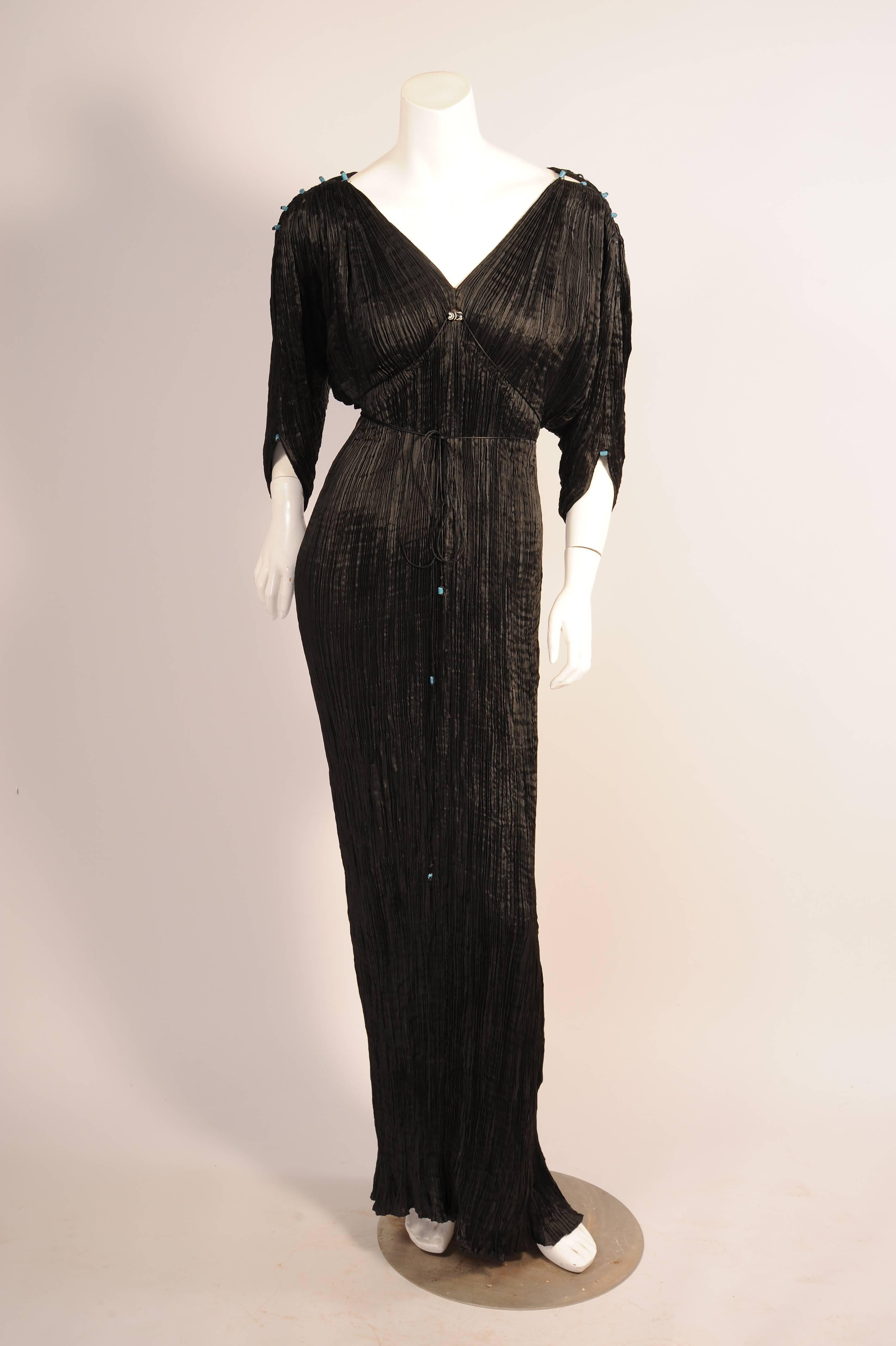 Mariano Fortuny Rare Early Black Silk Delphos with Narrow Cord Bodice Wrap In Good Condition In New Hope, PA