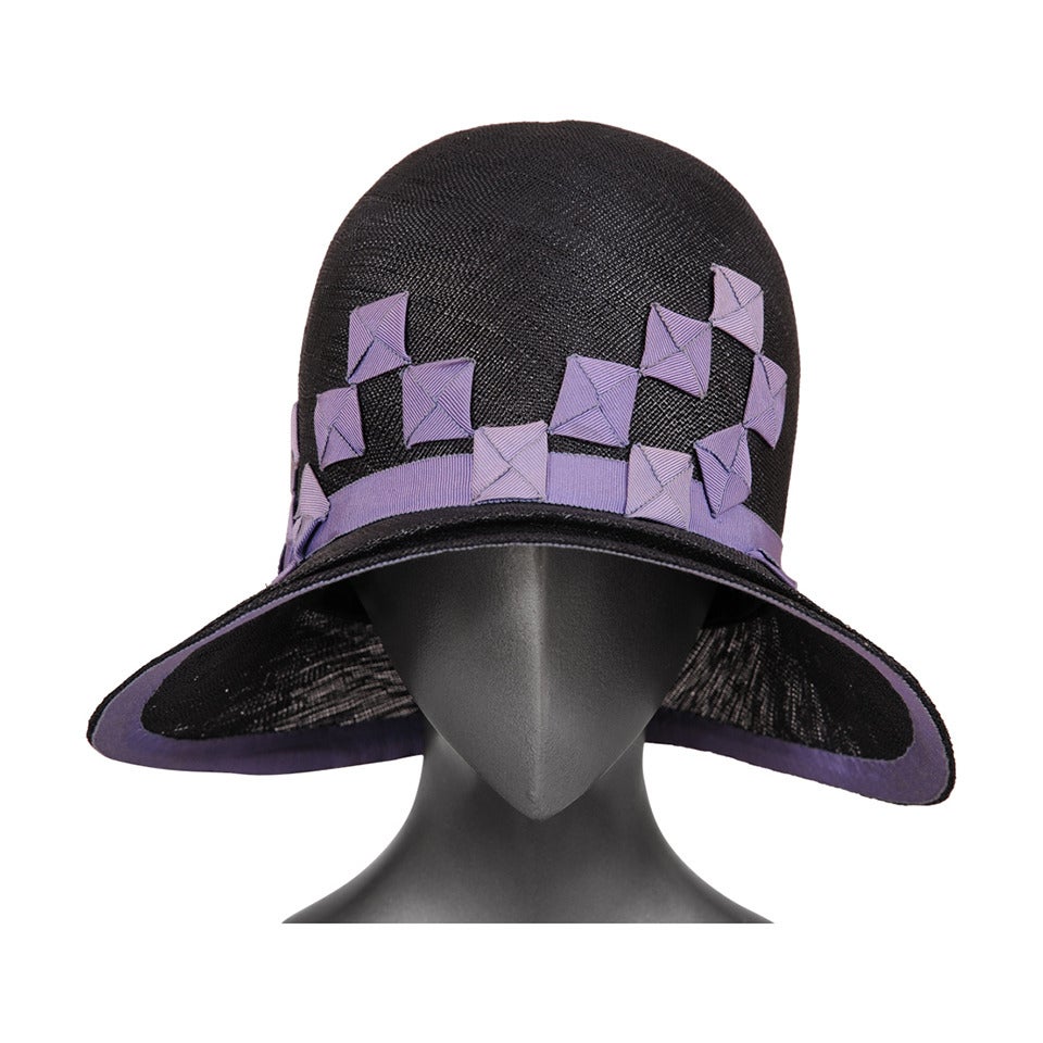 1920's Agnes Paris Copy Black Straw Cloche Hat, Lavender Ribbon Trim