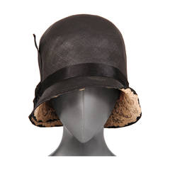 1920's Black Straw Cloche Hat , Lace Edged Brim