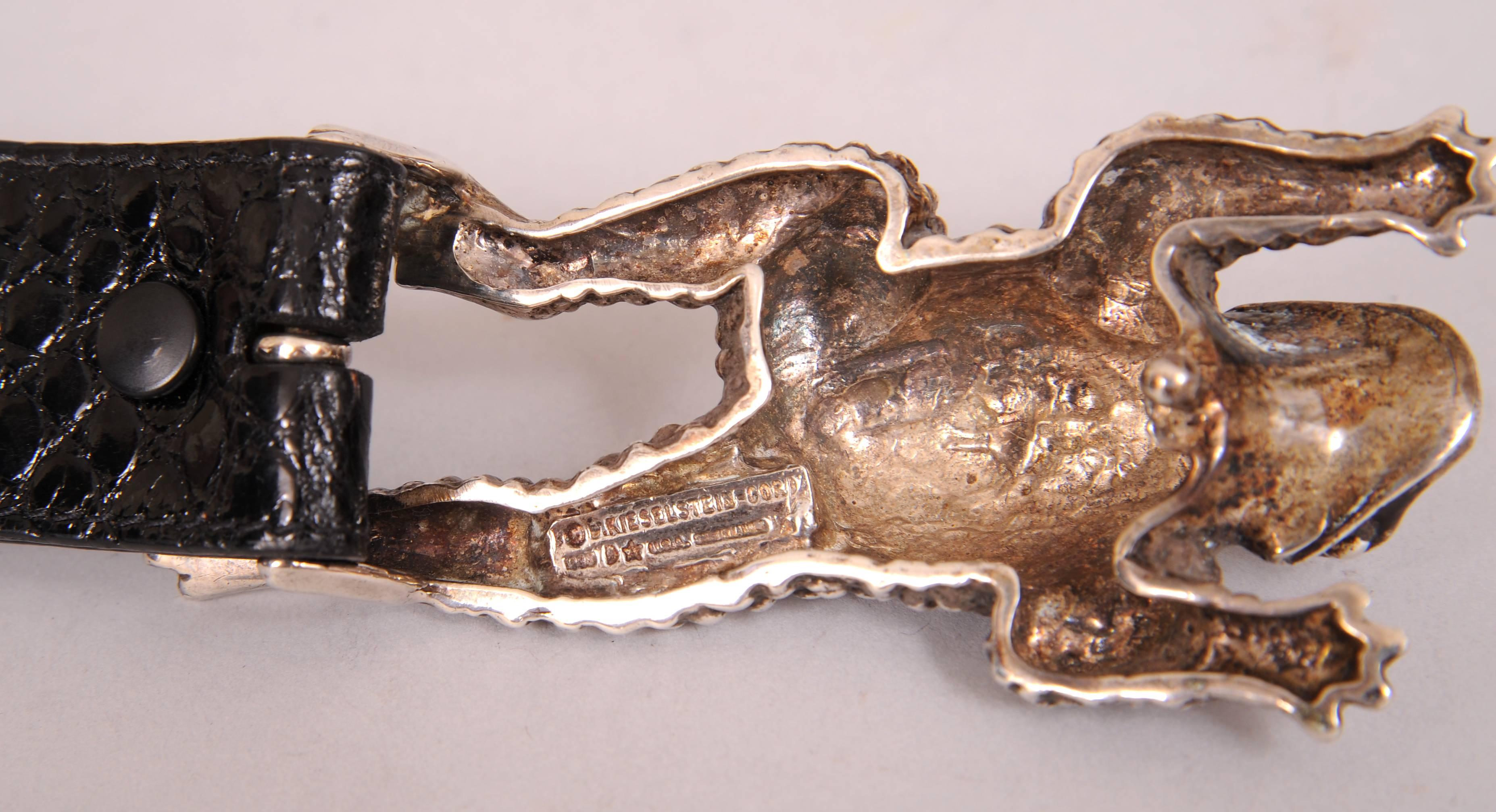 Women's Barry Kieselstein-Cord Sterling Silver Frog Buckle and Black Alligator Belt