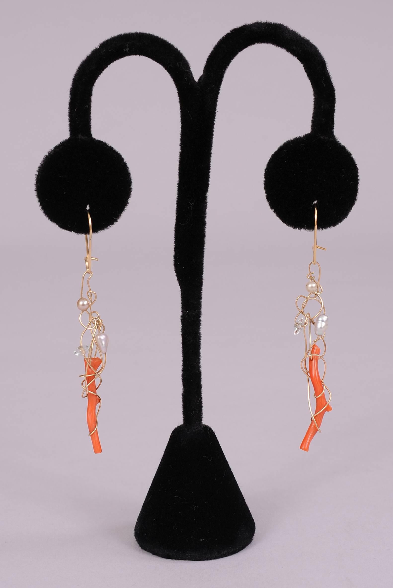 Kazuko Gold, Pearl, Crystal and Branch Coral Earrings In Excellent Condition In New Hope, PA