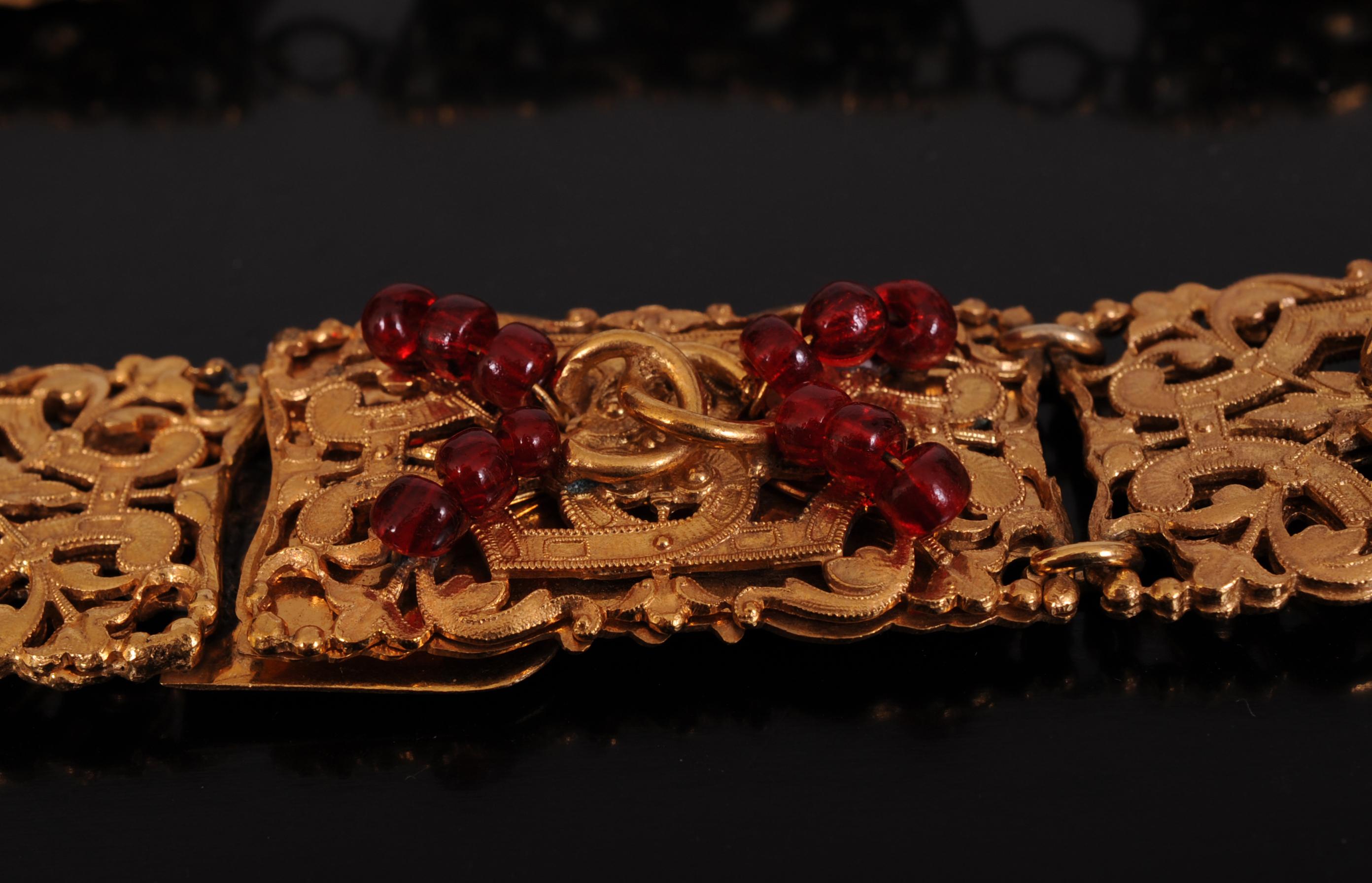 Brown Chanel Gold Toned Belt with Red Gripoix Beads on Clasp