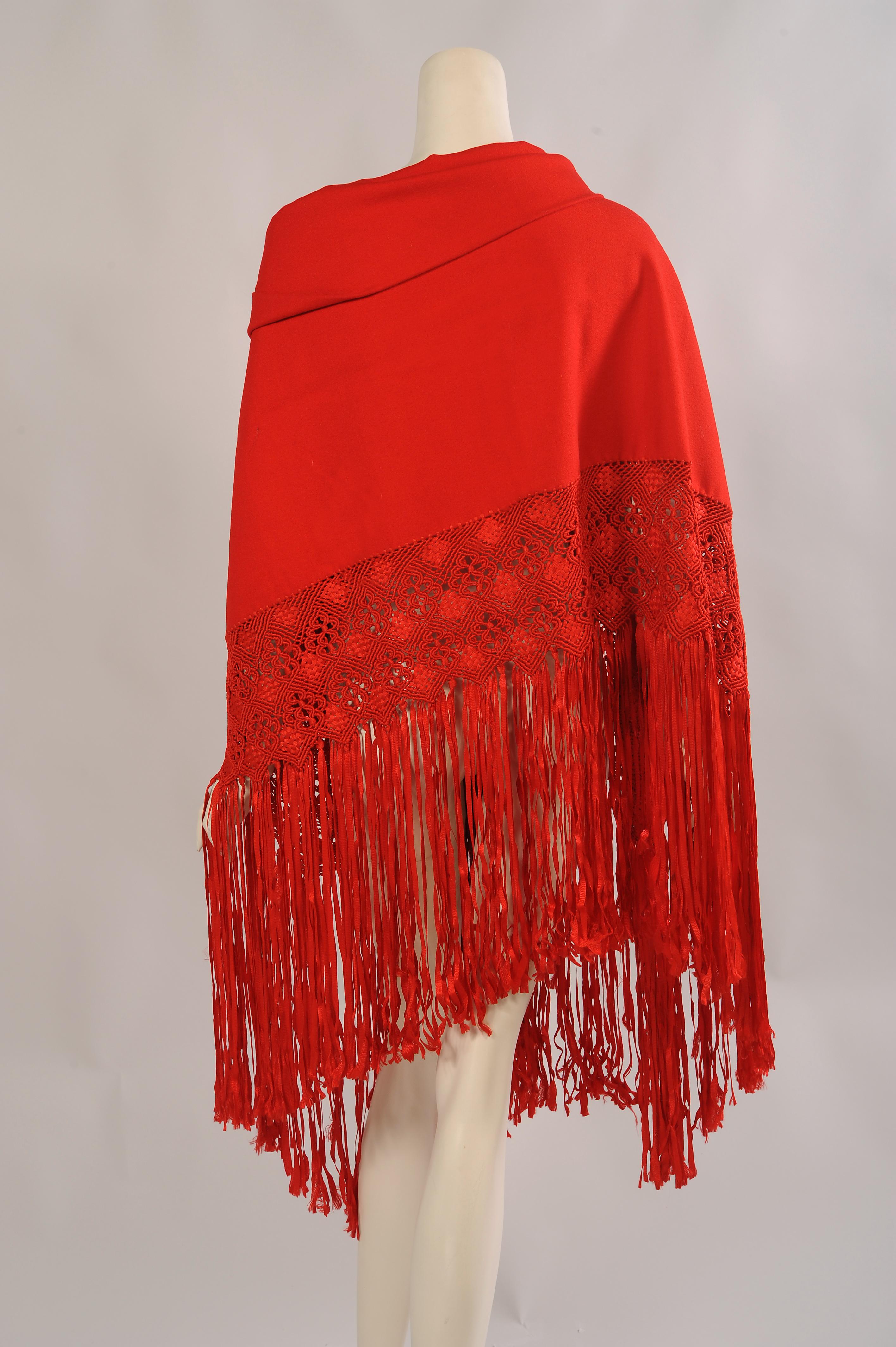 Stunning Red Wool Crepe Shawl with Elaborate Silk Macrame Fringe In Excellent Condition In New Hope, PA