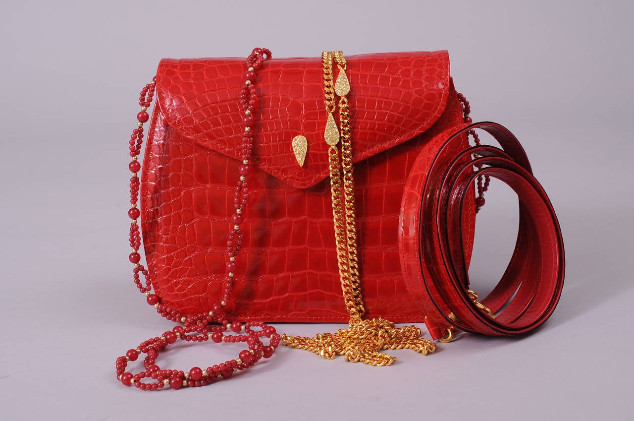 Lana Marks Red Alligator Clutch with Three Straps, Never Used In New Condition In New Hope, PA