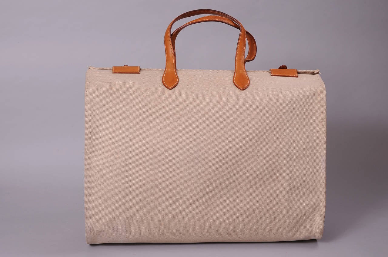 Beige Hermes Leather and Toile Travel Bag or Tote