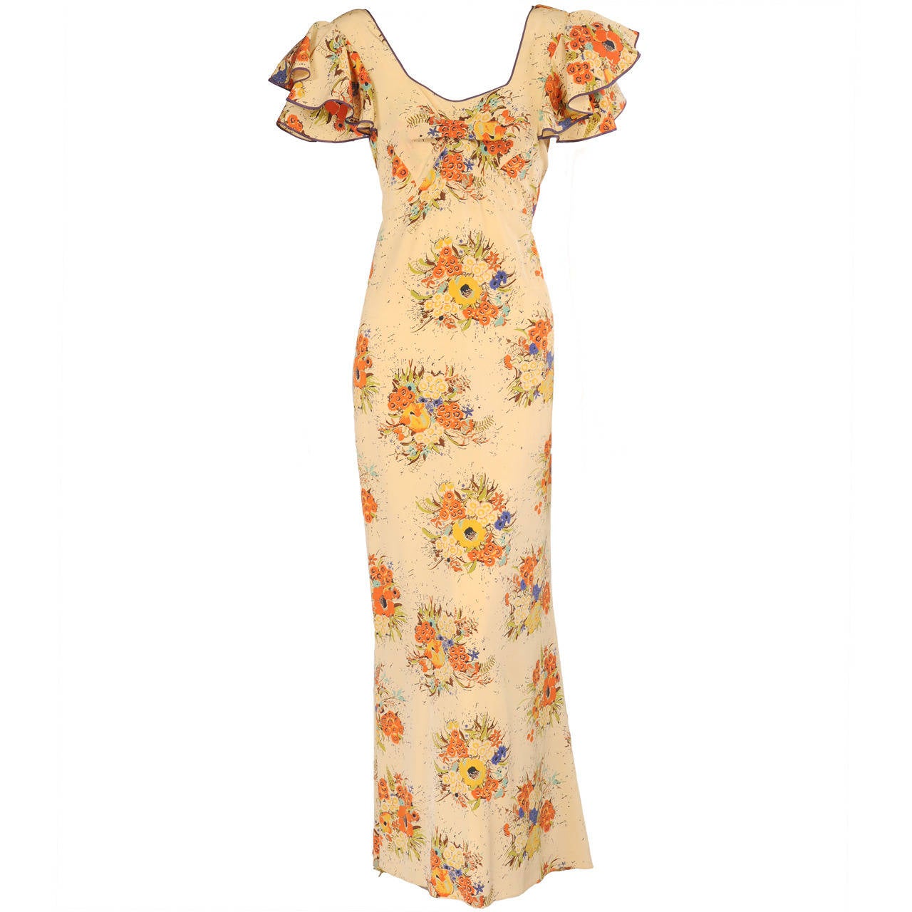 1930
s Bias Cut Floral Silk Gown with Train