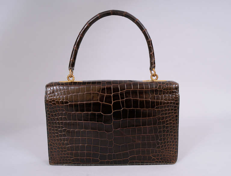 Hermes, Paris Vintage Brown Crocodile Sac Cordeliere In Excellent Condition In New Hope, PA