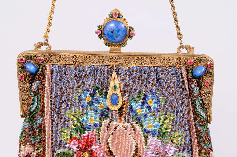 Large Edwardian Beaded Bag with Lapis Lazuli Accents In Excellent Condition In New Hope, PA