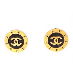 Vintage Chanel Runway Worn Black Leather & Gold Logo Earrings
