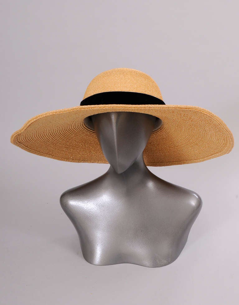 French Natural Straw Hat with Oversized Brim and Black Velvet Band at