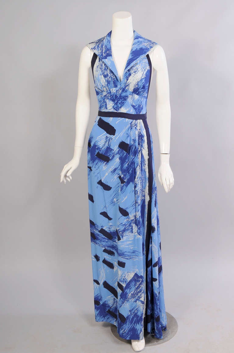 This is the best summer evening dress! Designed by Michael Vollbracht the silk fabric is an abstract design in white, blue and navy on a blue background. The sexy and elegant design is sprinkled with prong set rhinestones creating a wonderful