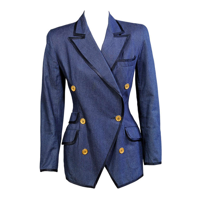 Donna Karan - Giacca di jeans in seta con rifiniture in raso in vendita