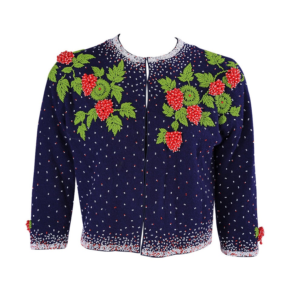 1950's Beaded Strawberry Motif Cashmere Sweater