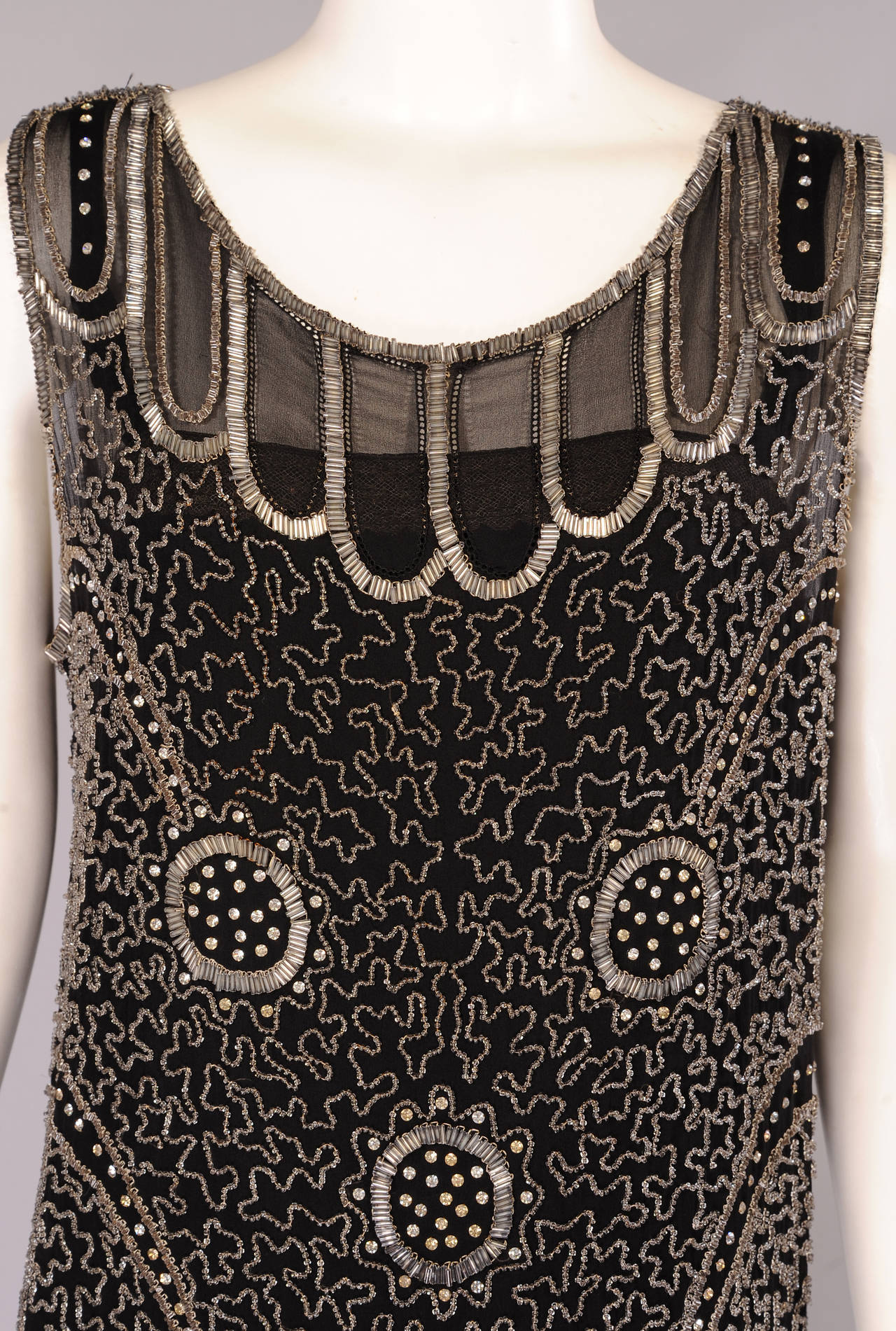 Black 1920's Hand Beaded Silk Flapper Dress, Rare Larger Size