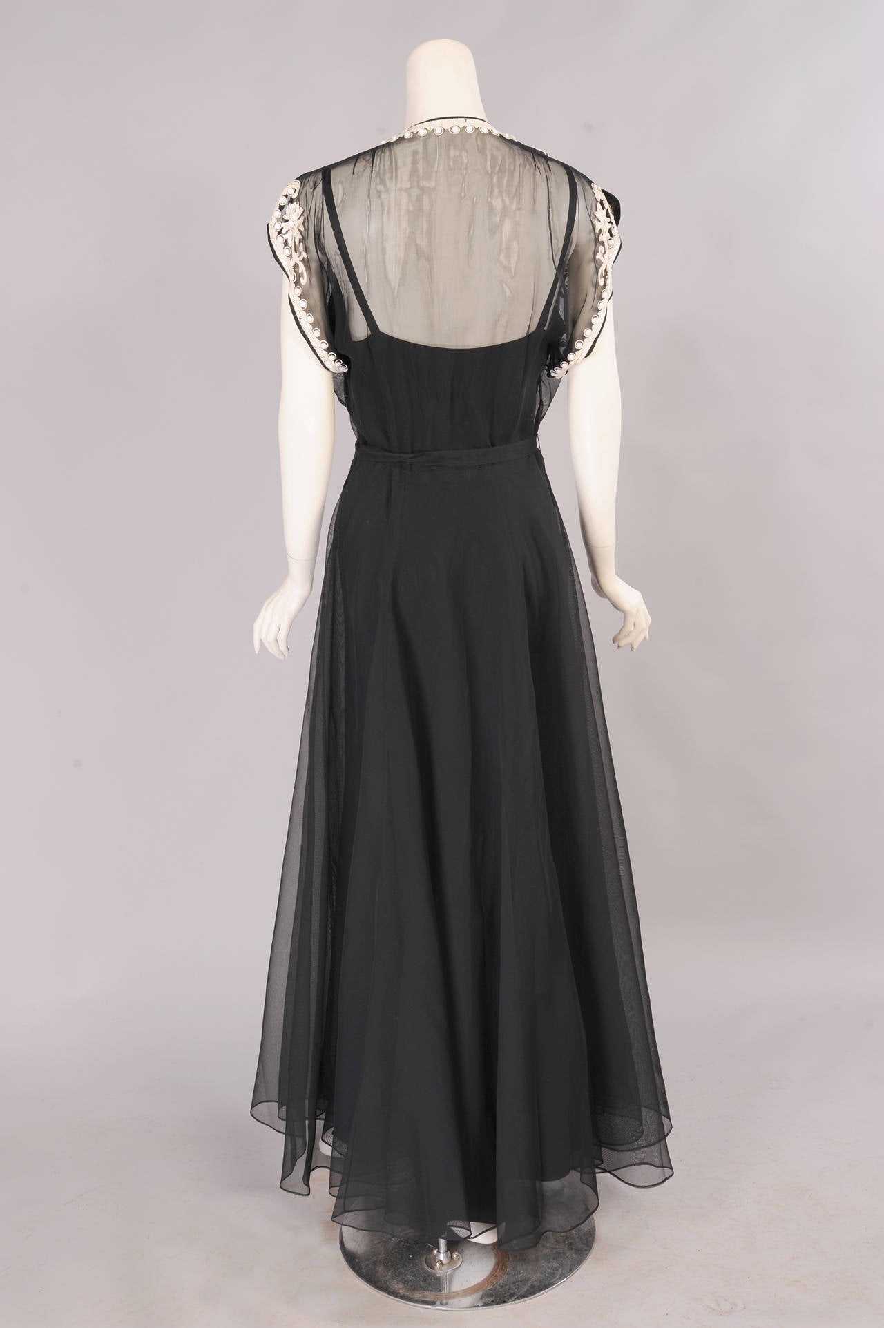 Women's 1940's Black Organza Gown with White Beadwork, Larger Size