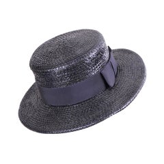 Vintage Givenchy Haute Couture Navy Blue Straw Boater