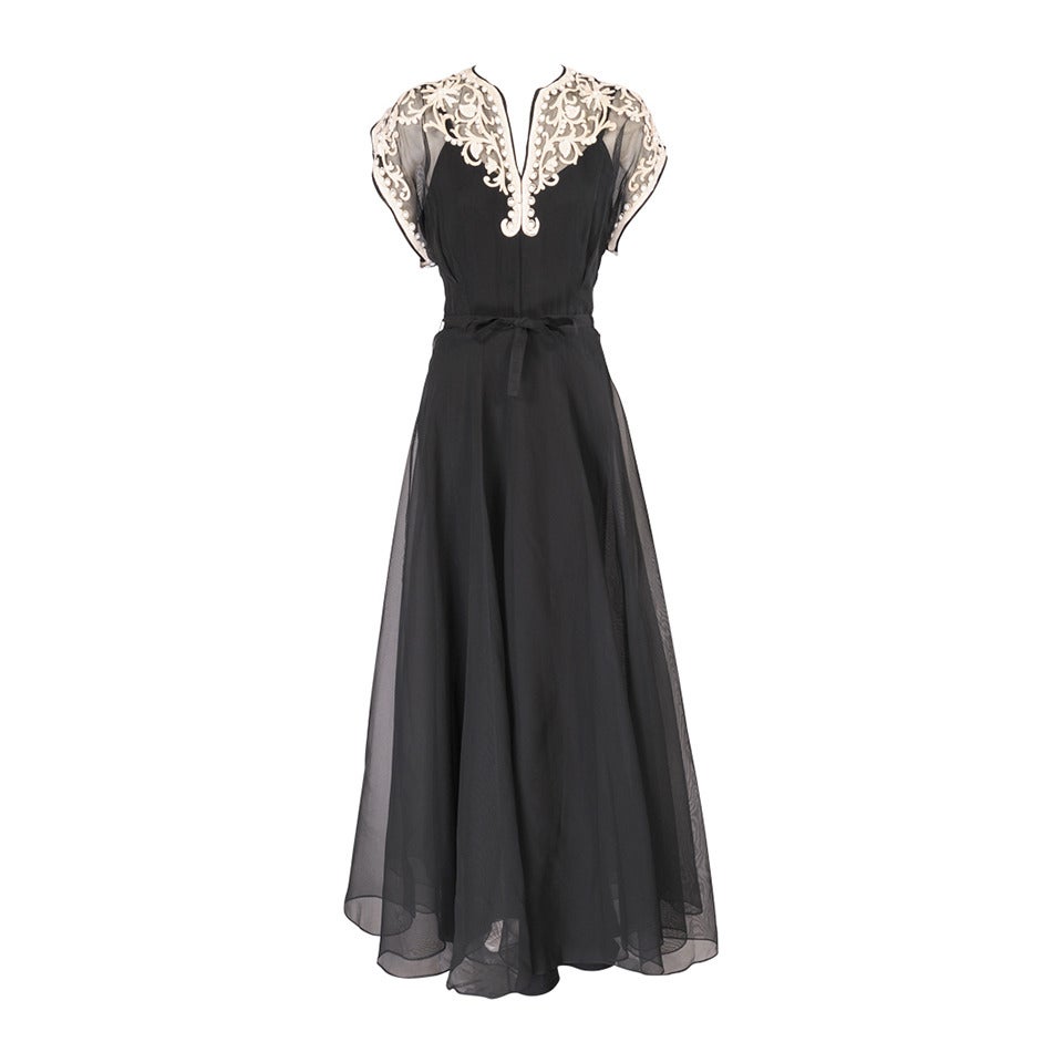 1940's Black Organza Gown with White Beadwork, Larger Size