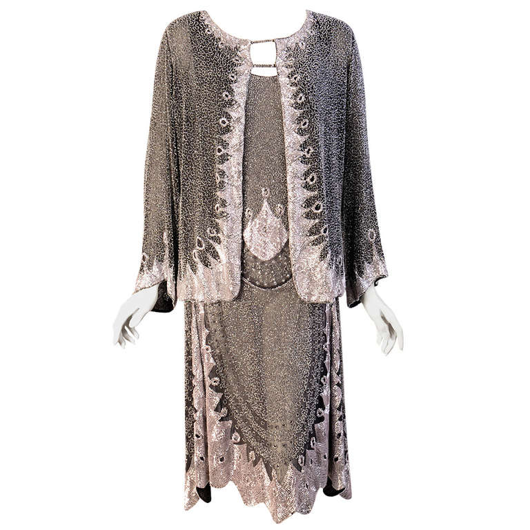 Pristine 1920's Beaded Cotton Flapper Dress & Jacket