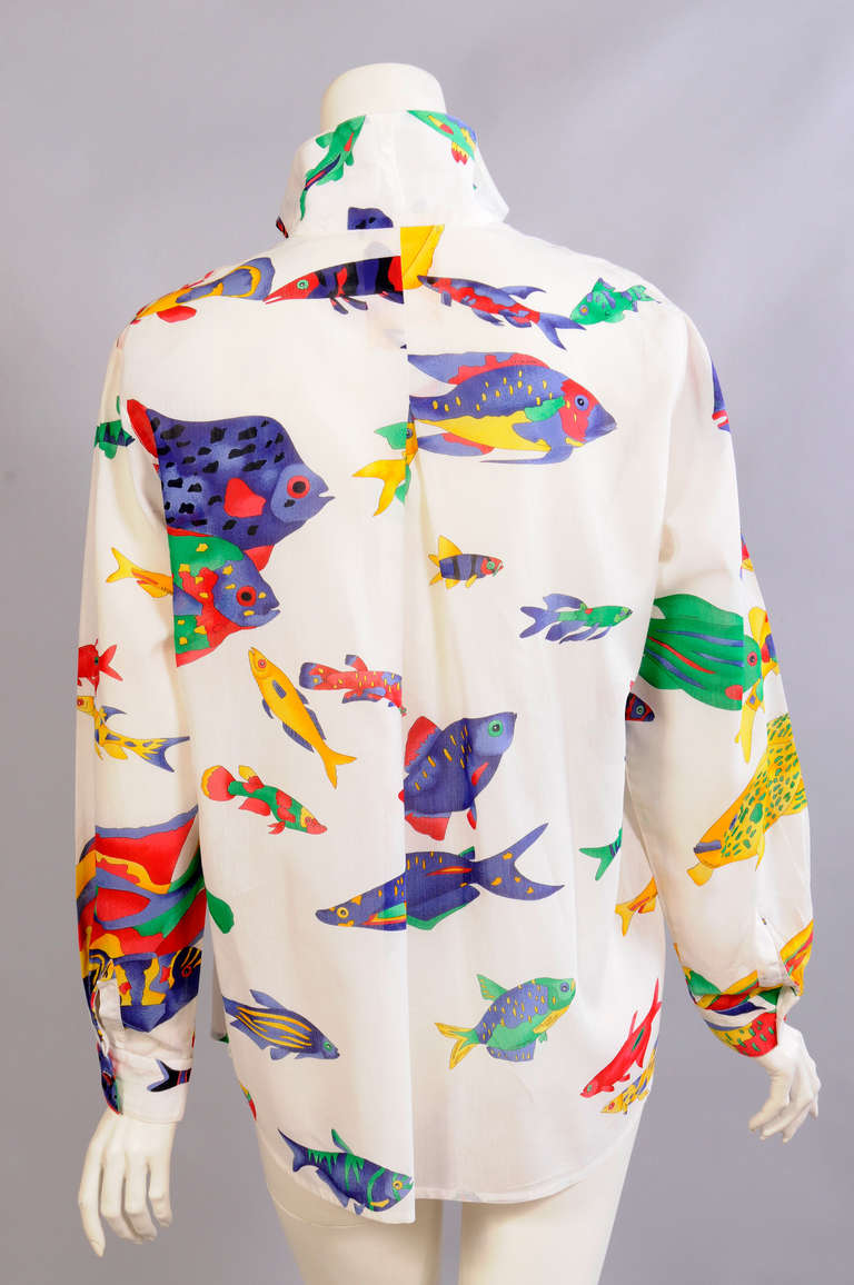Leonard, Paris Printed Cotton Voile Blouse Fish Motif In Excellent Condition In New Hope, PA