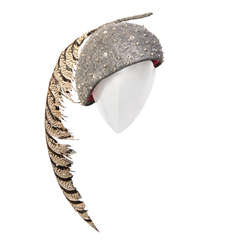 Frank Olive Jeweled Hat with Feather