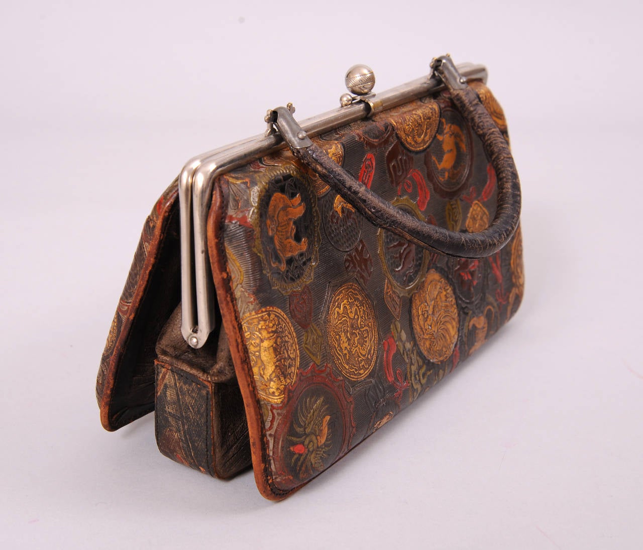 Antique Chinese Tooled Leather Bag, Dated 1878 In Excellent Condition In New Hope, PA