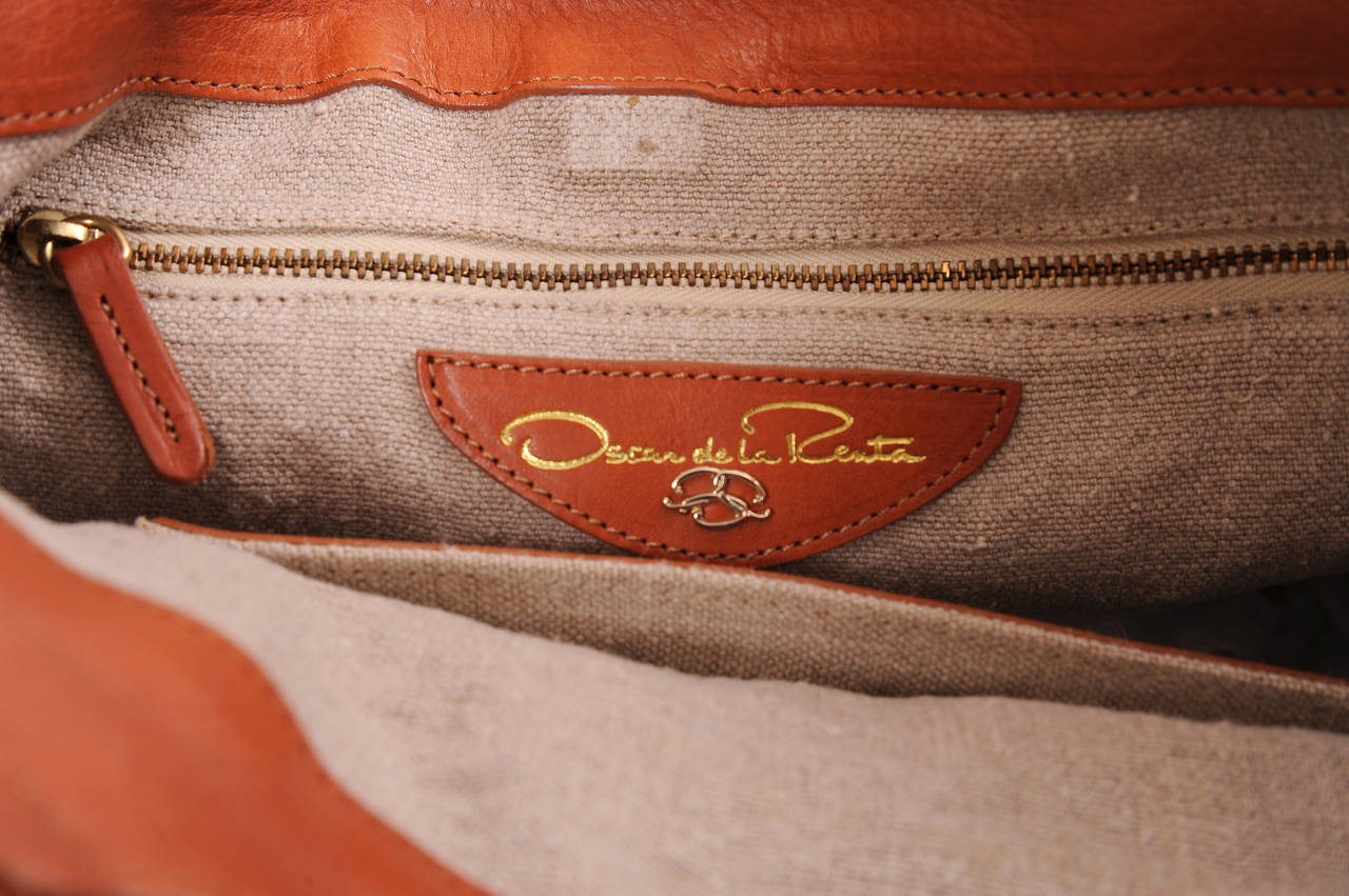 Orange Oscar de la Renta Linen and Leather Bag