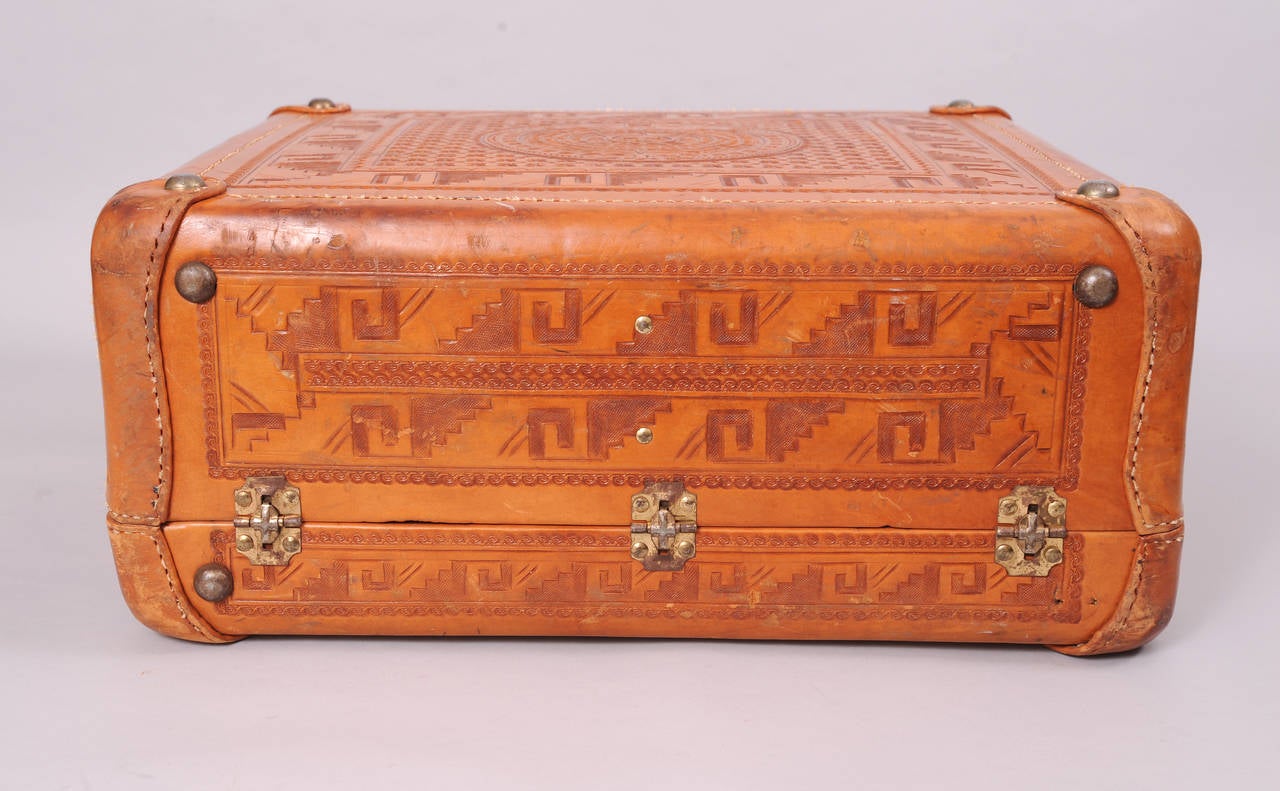 Mid-century Mexican Hand Tooled Leather Suitcase In Excellent Condition In New Hope, PA