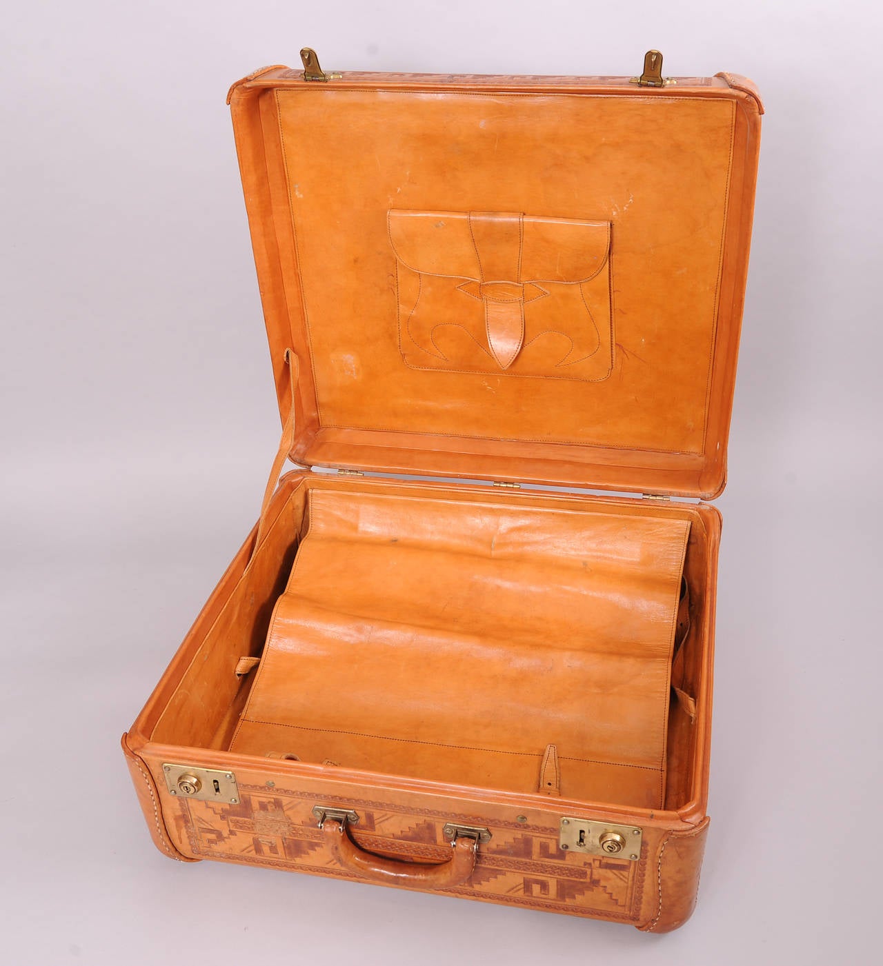 Women's or Men's Mid-century Mexican Hand Tooled Leather Suitcase