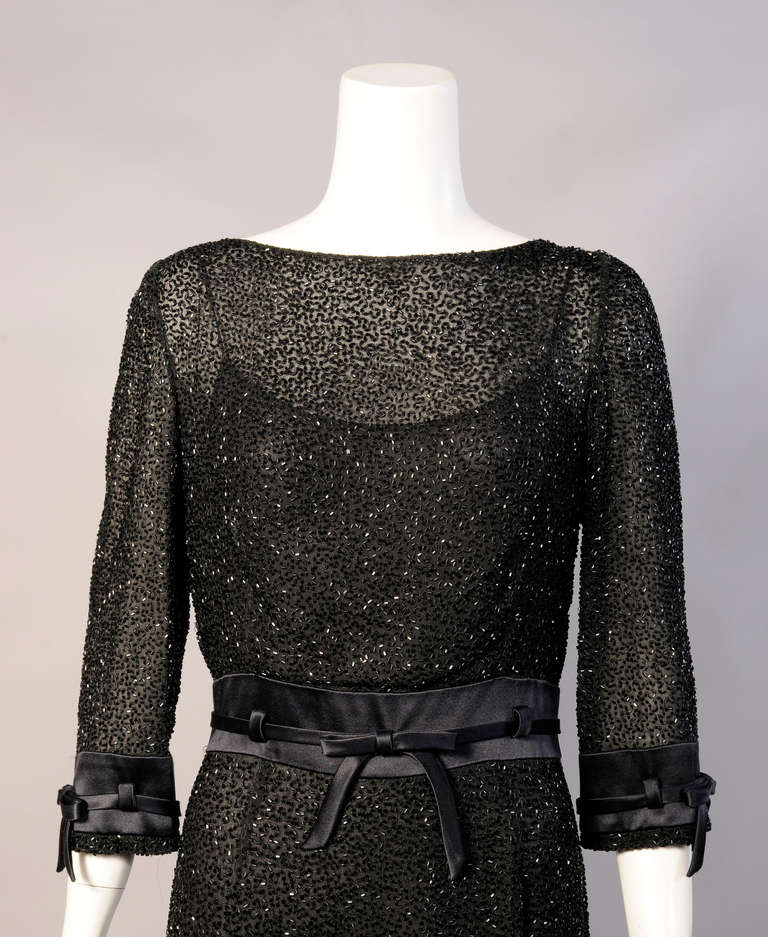 Badgley Mischka Beaded Black Silk Chiffon Dress In Excellent Condition For Sale In New Hope, PA