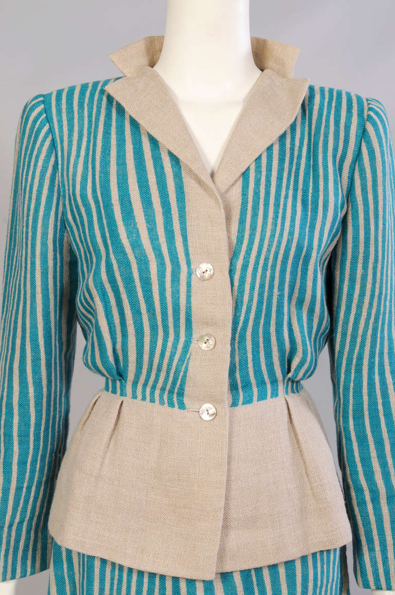 Gray Pauline Trigere Graphic Turquoise Linen Suit