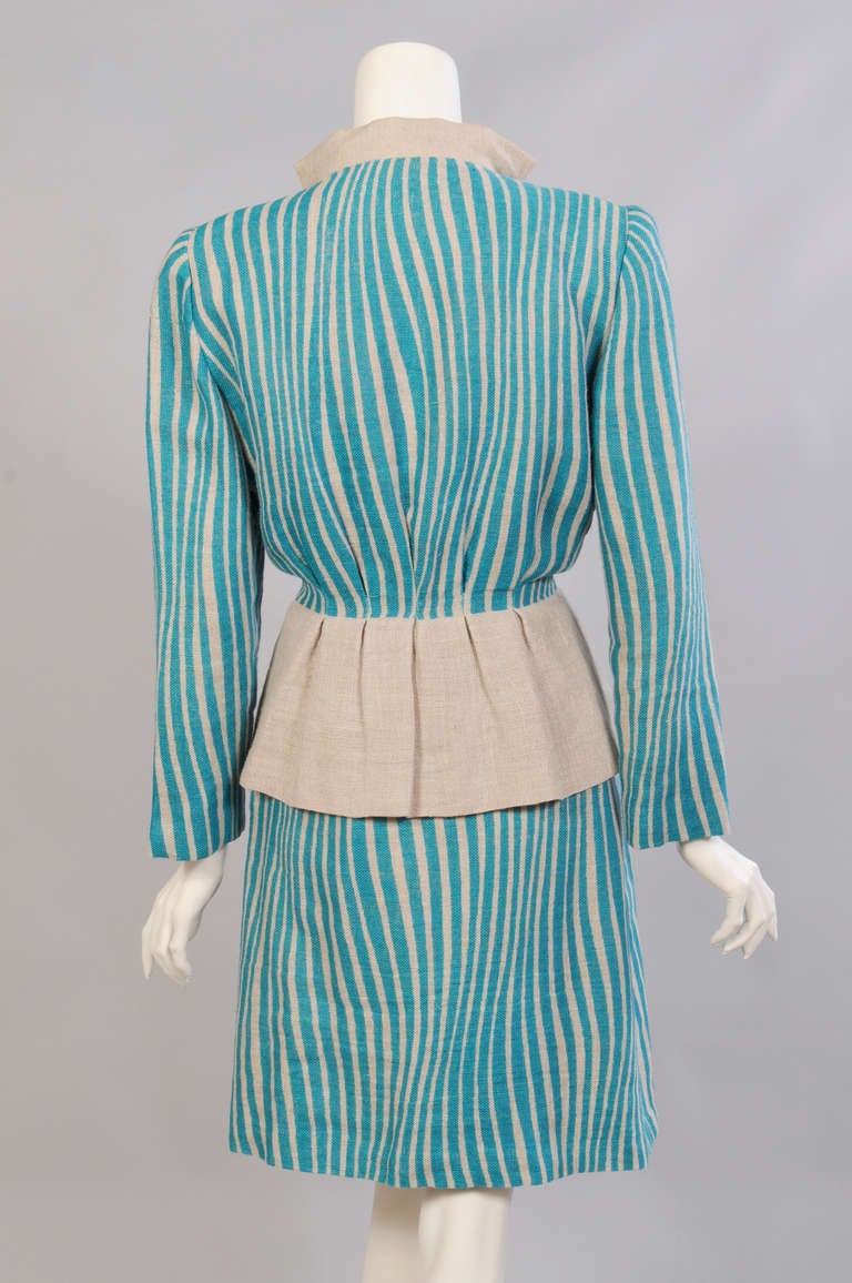Pauline Trigere Graphic Turquoise Linen Suit In Excellent Condition In New Hope, PA