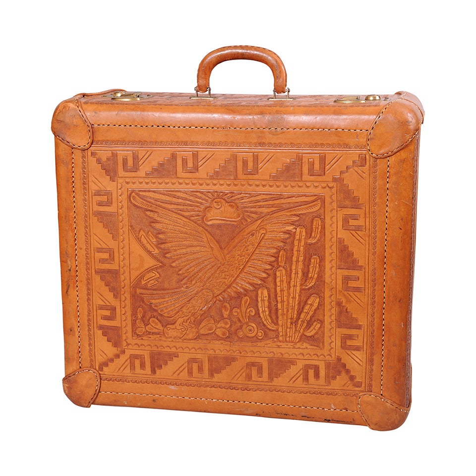 Mid-century Mexican Hand Tooled Leather Suitcase