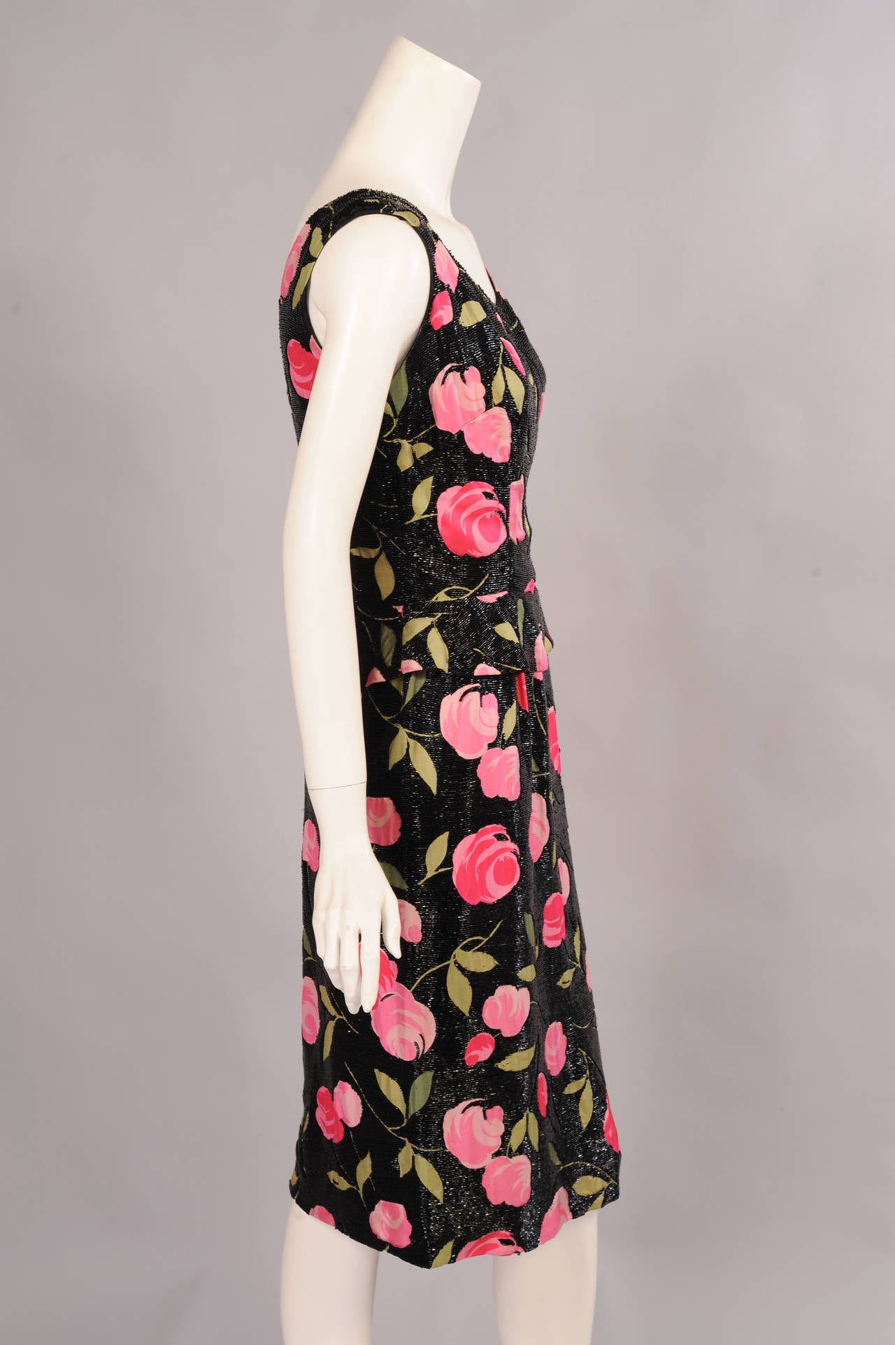 1950's Floral Print Silk Dress Black Beaded Background In Excellent Condition In New Hope, PA