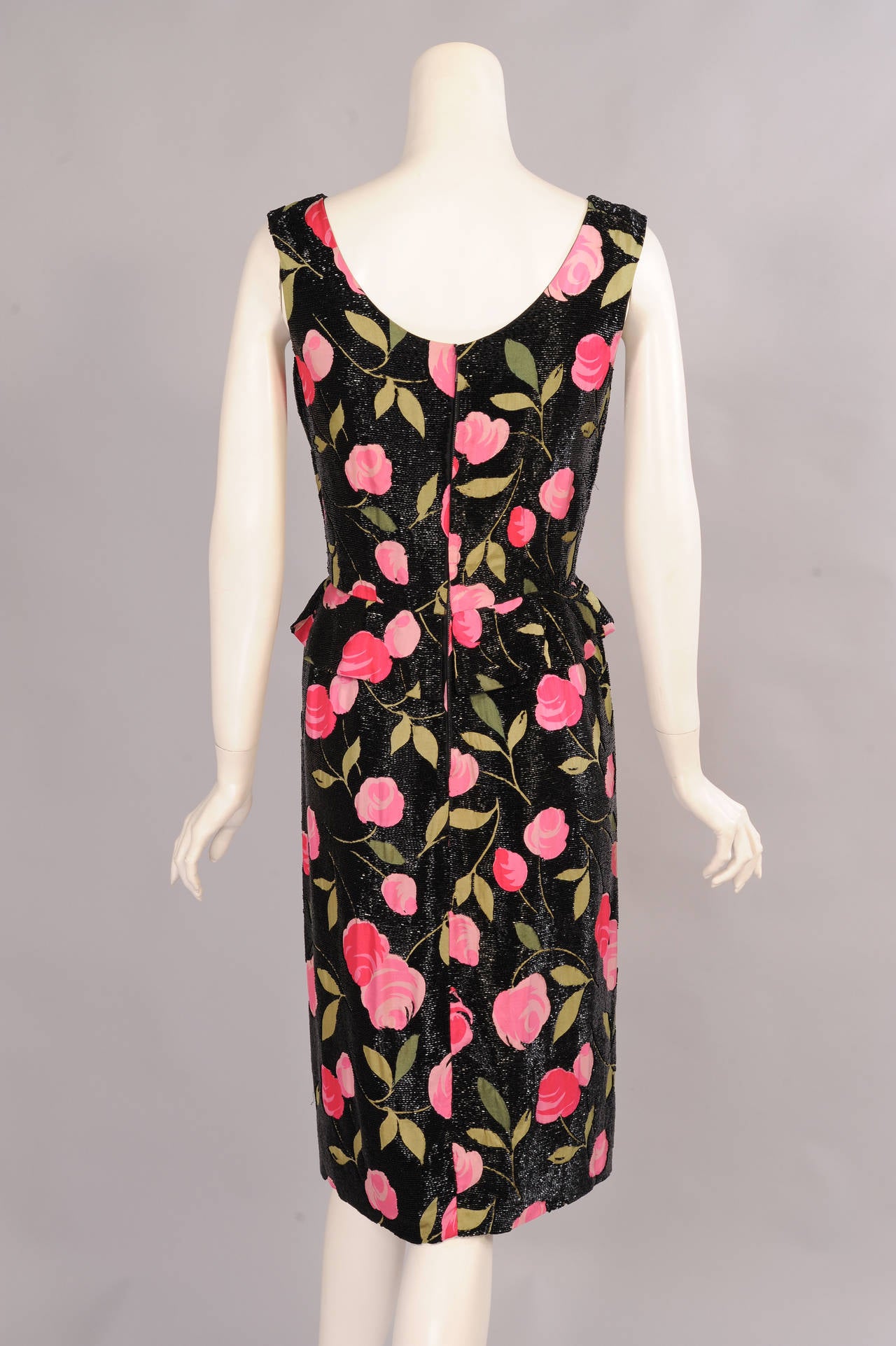Women's 1950's Floral Print Silk Dress Black Beaded Background