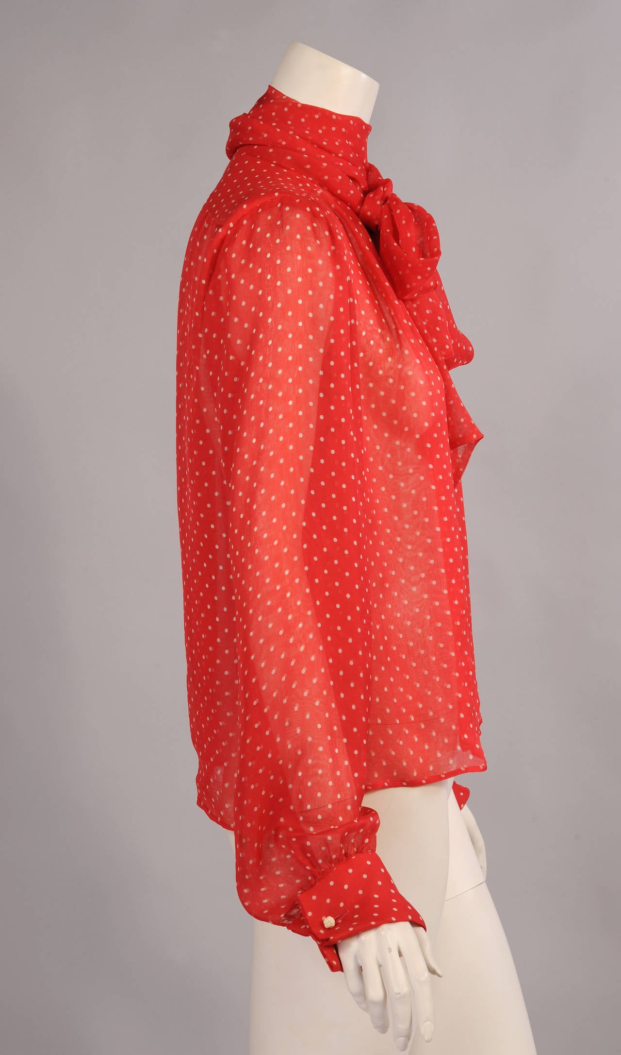 Yves Saint Laurent Red and White Polka Dot Chiffon Haute Couture Blouse ...