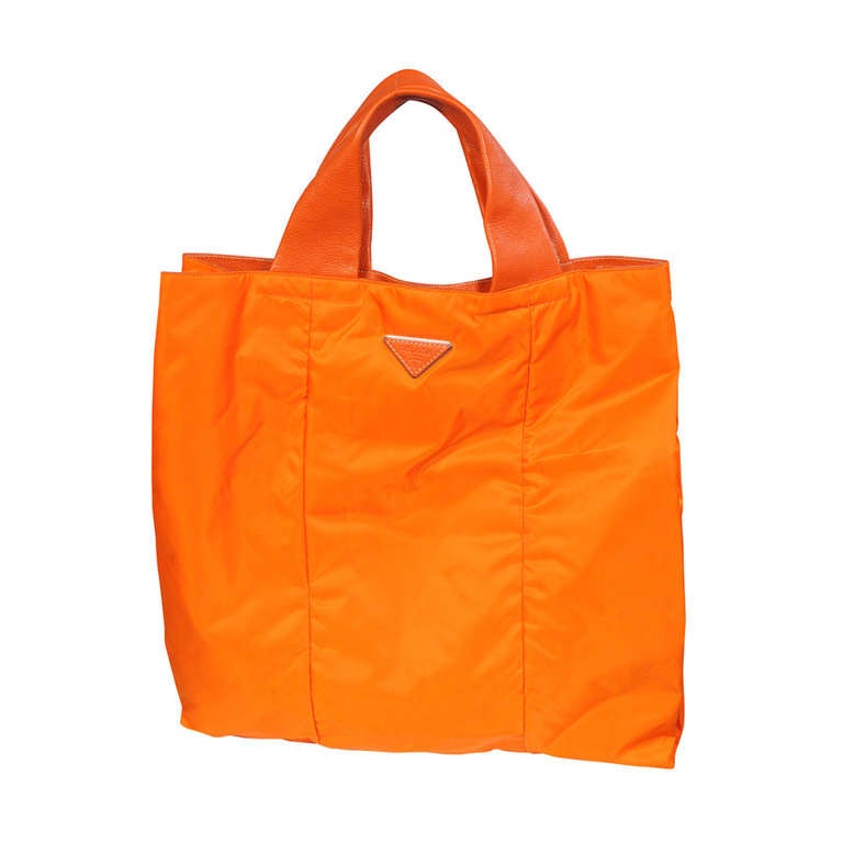 Prada Leather Trimmed Orange Nylon Beach Tote