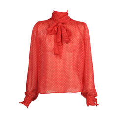 Yves Saint Laurent Red & White Polka Dot Chiffon Haute Couture Blouse 4
