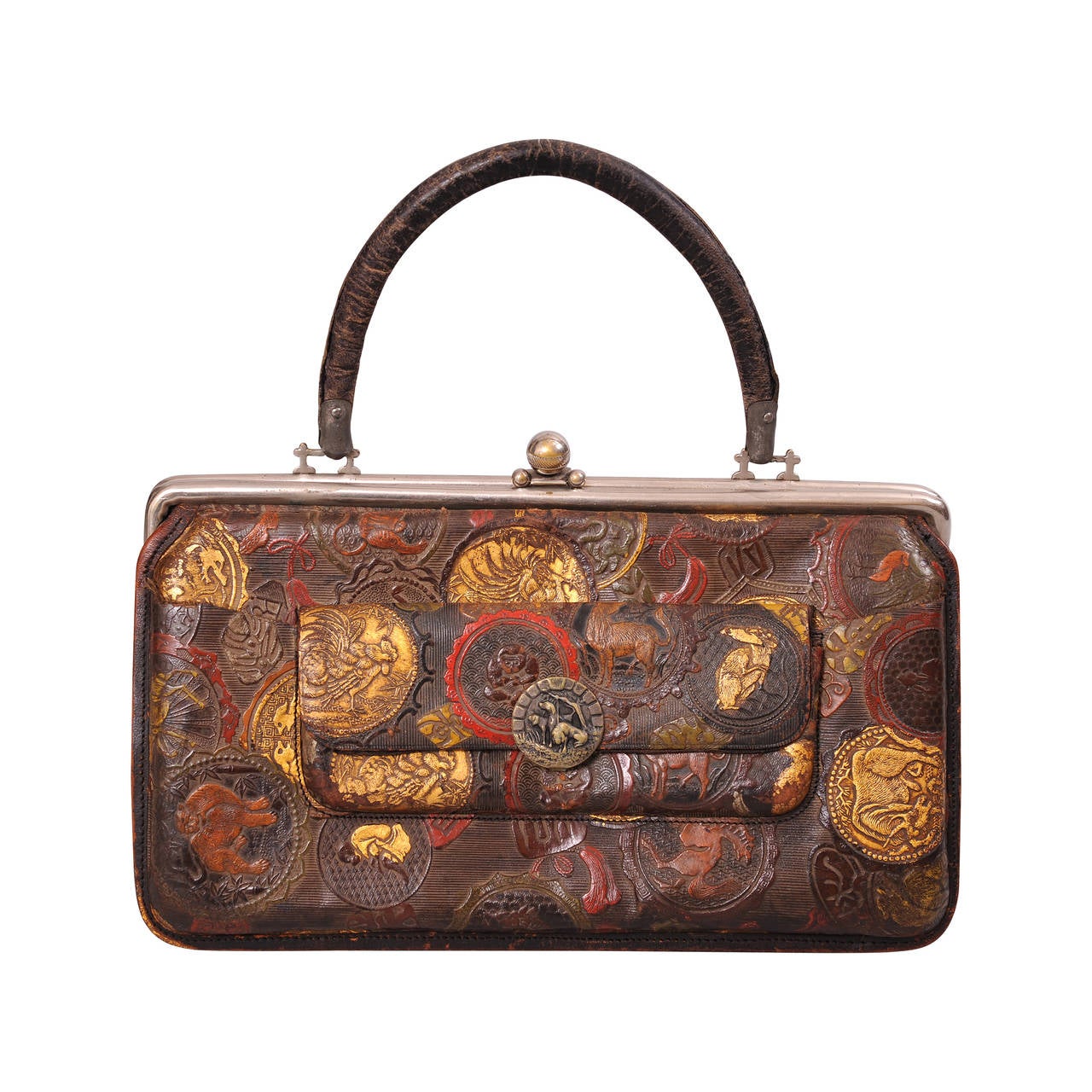 Antique Chinese Tooled Leather Bag, Dated 1878