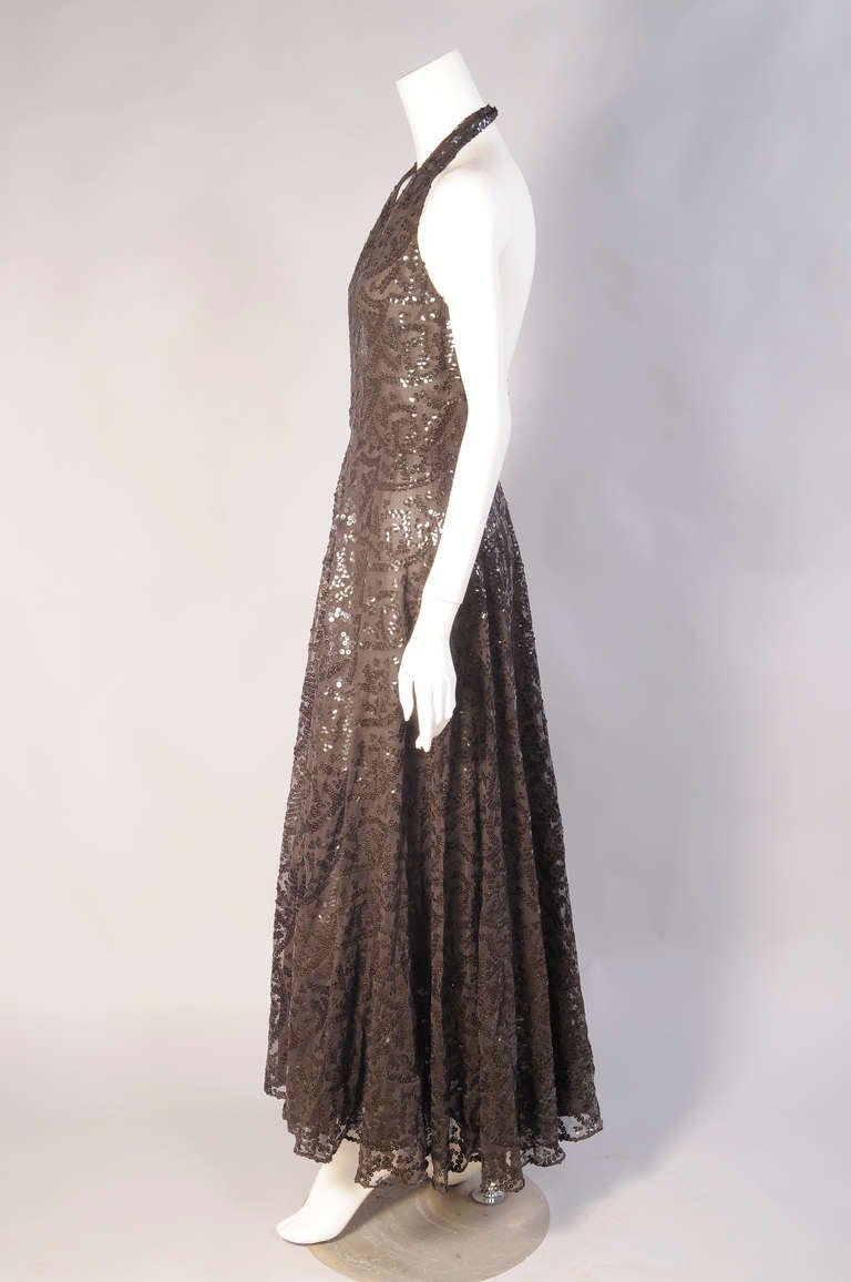 1970's Saks Chocolate Brown Chiffon Beaded Halter Dress In Excellent Condition In New Hope, PA