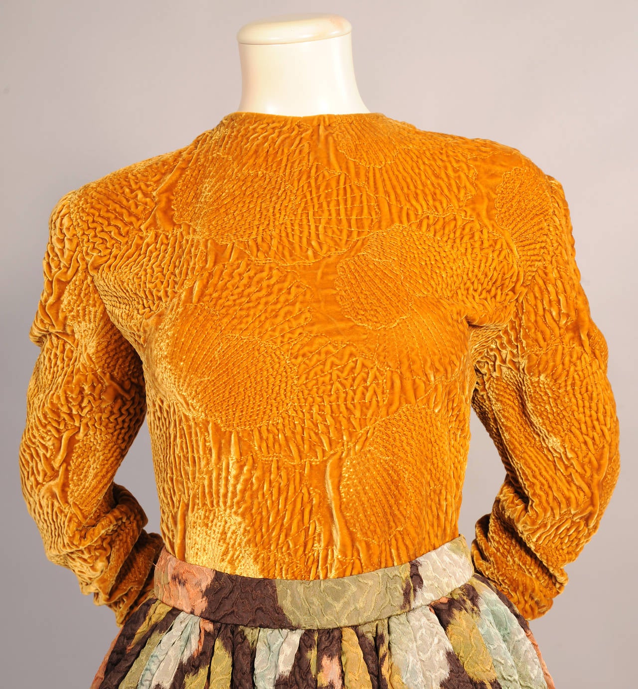 Brown Oscar de la Renta Quilted Velvet Top & Appliqued Matelasse Skirt