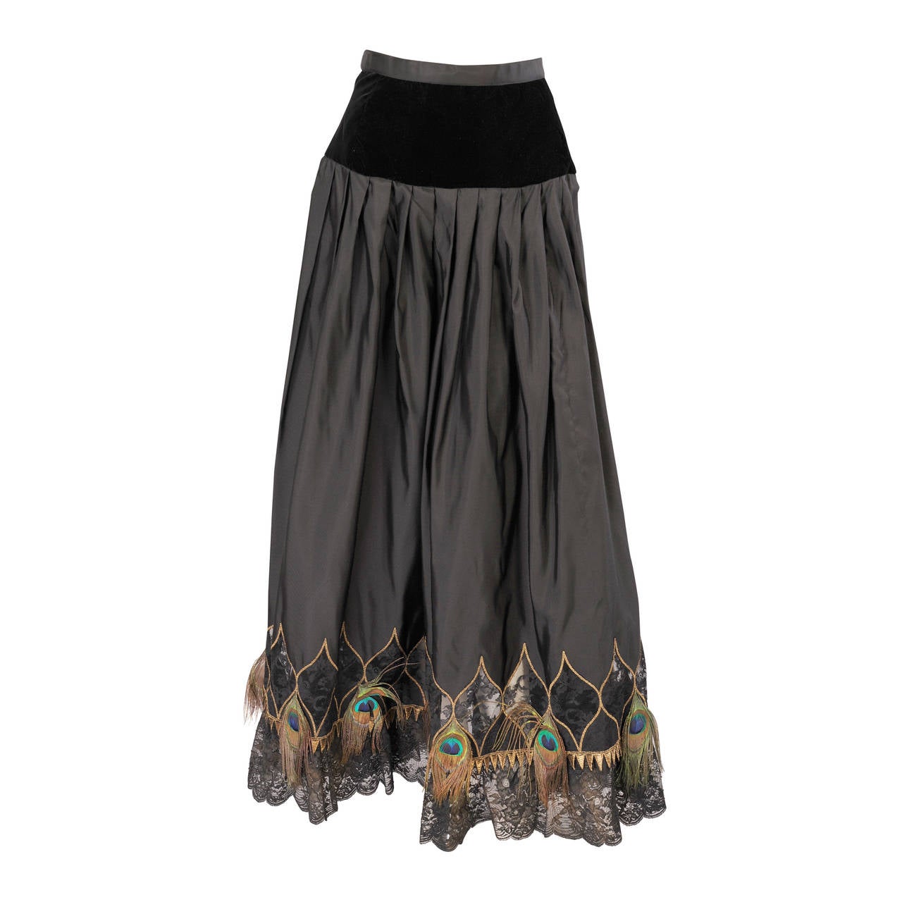 Ungaro Peacock Feather Trimmed Velvet and Silk Skirt For Sale at 1stdibs